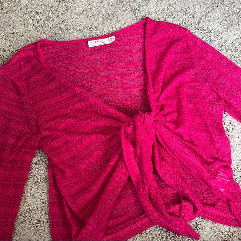 Y2K Faded Glory Hot Pink Crochet Knit Tie Front Bolero Shrug Cardigan Size Large - Picture 5 of 6